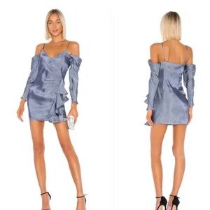 Lovers + Friends Satin Blue Off Shoulder Ruffle Mini Dress